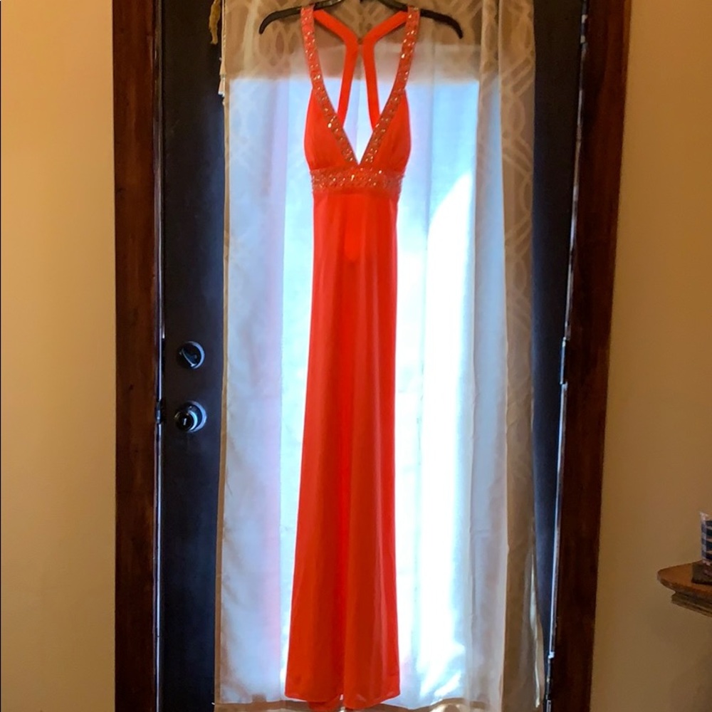 Bright coral jeweled prom dress